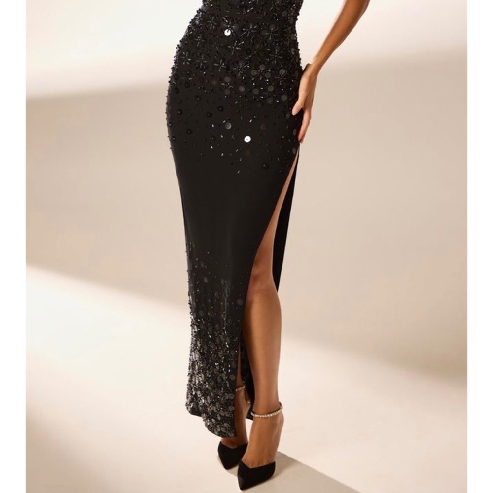 Oh Polly Black Beaded Sequin Maxi Skirt High Slit Formal Evening US 4